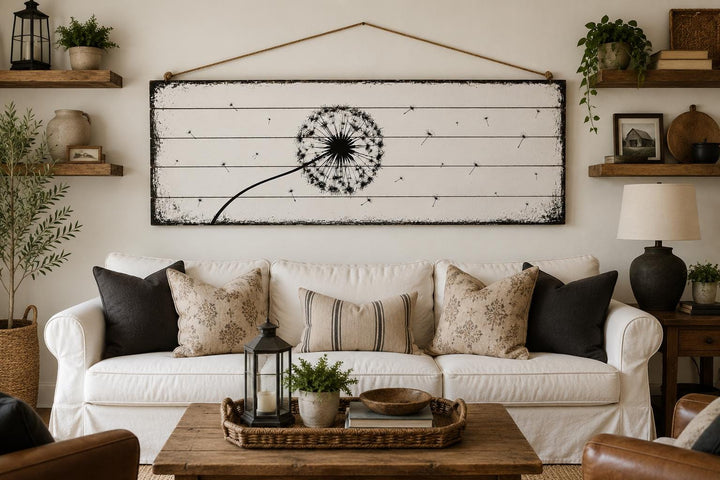 Long Horizontal Dandelion Wood Wall Art - Rustic Farmhouse Decor | Black White Above Bed