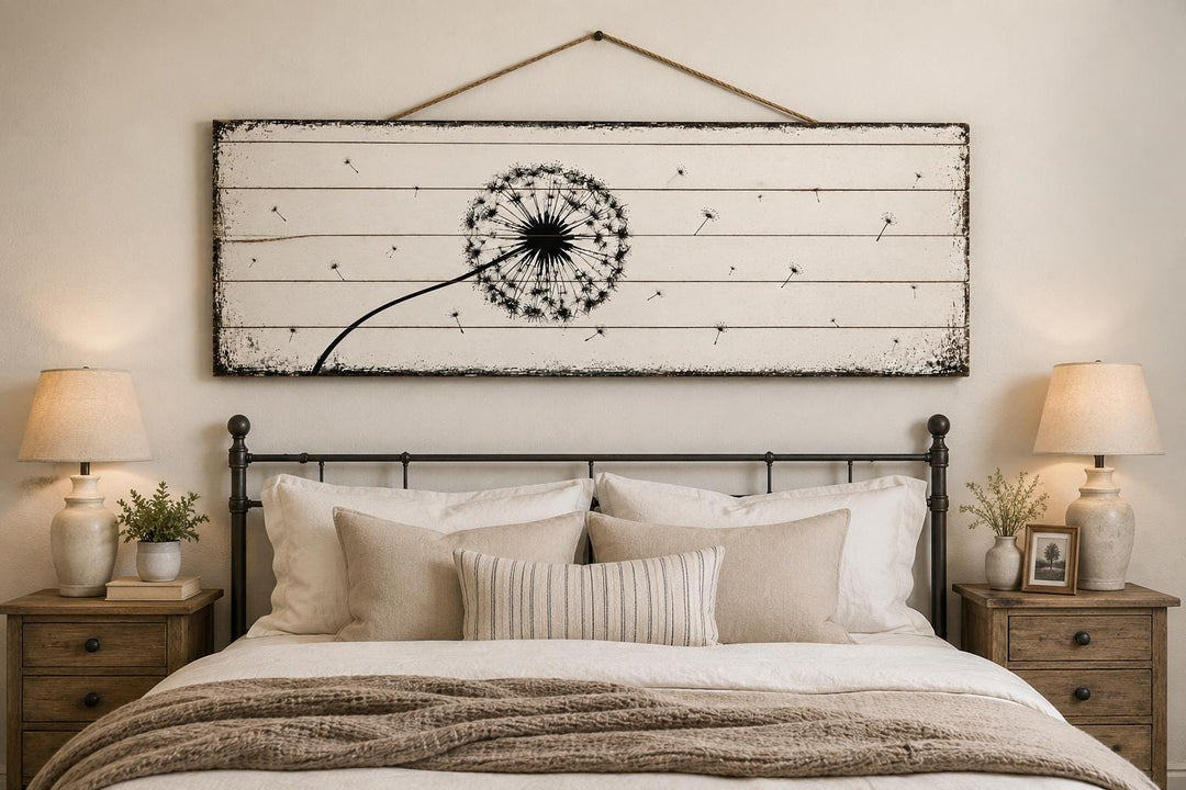 Long Horizontal Dandelion Wood Wall Art - Rustic Farmhouse Decor | Black White Above Bed