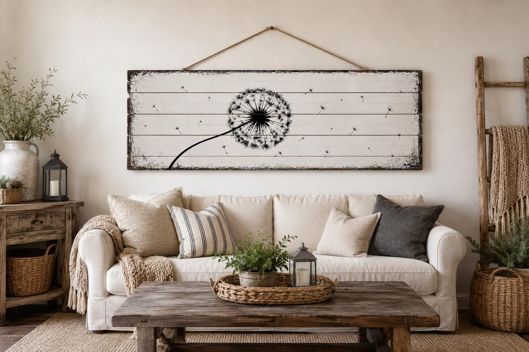 Long Horizontal Dandelion Wood Wall Art - Rustic Farmhouse Decor | Black White Above Bed