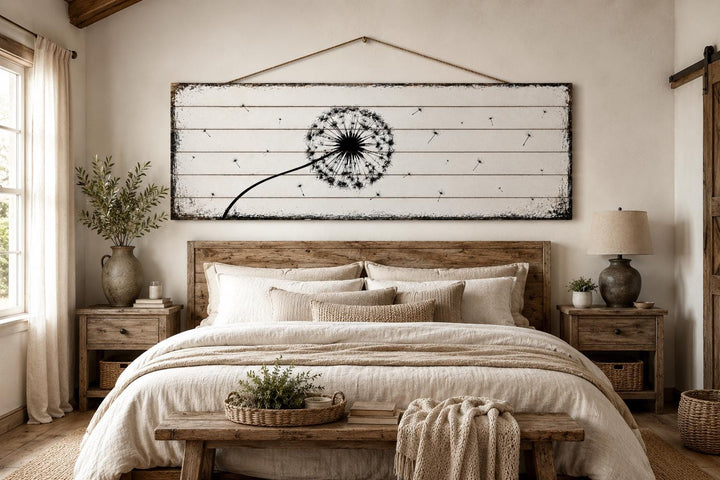 Long Horizontal Dandelion Wood Wall Art - Rustic Farmhouse Decor | Black White Above Bed