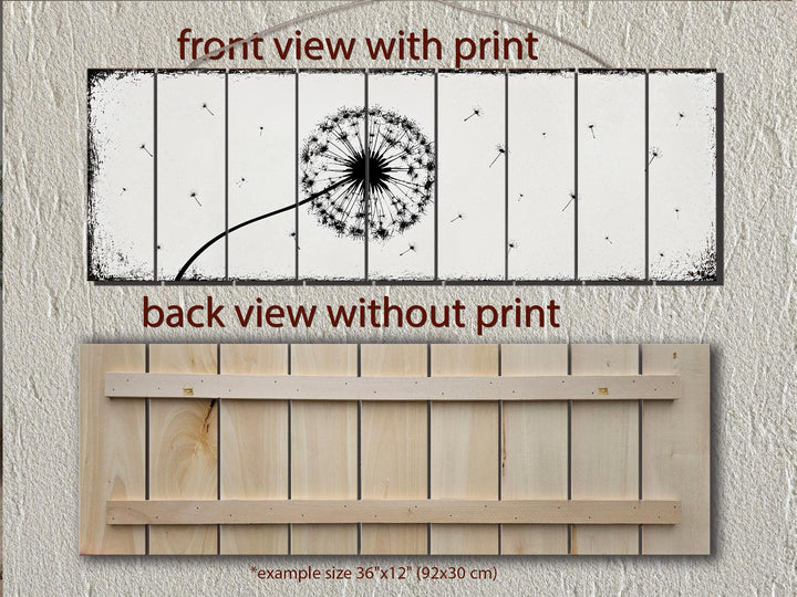 Long Horizontal Dandelion Wood Wall Art - Rustic Farmhouse Decor | Black White Above Bed