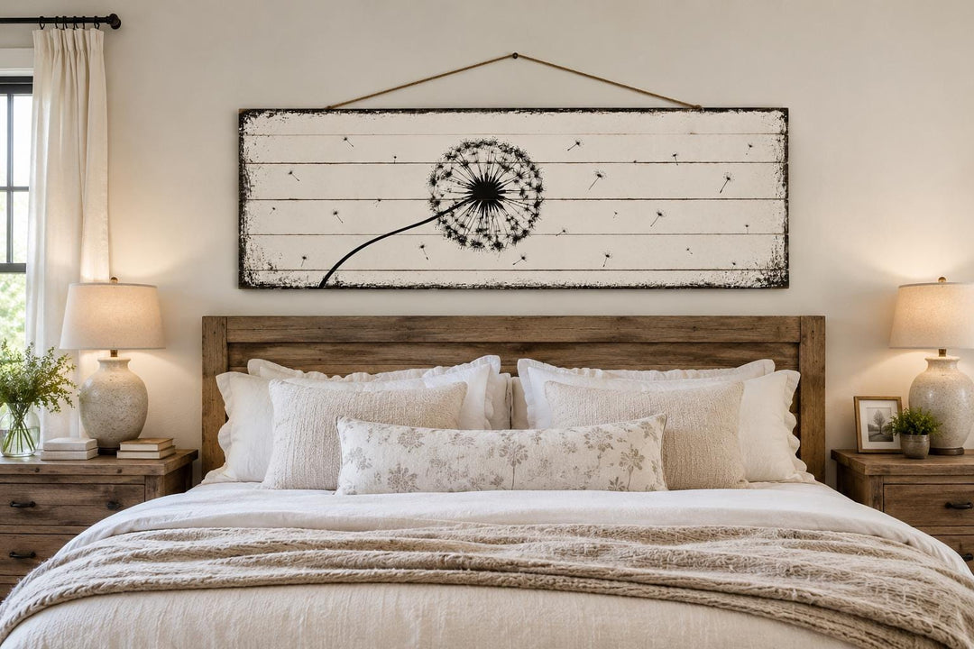 Long Horizontal Dandelion Wood Wall Art - Rustic Farmhouse Decor | Black White Above Bed