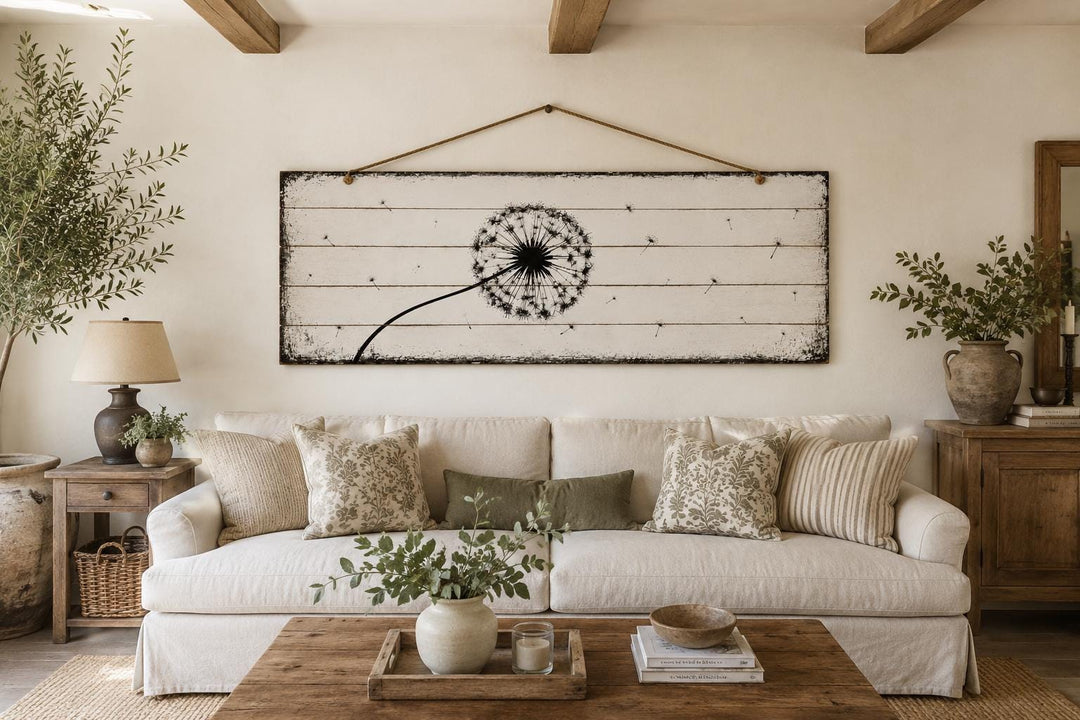 Long Horizontal Dandelion Wood Wall Art - Rustic Farmhouse Decor | Black White Above Bed