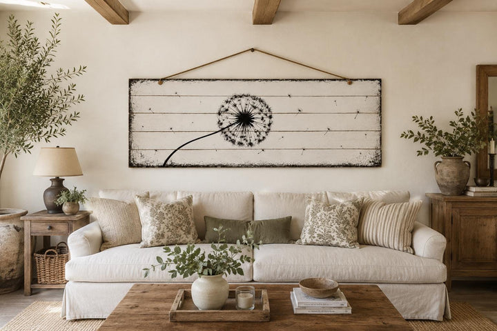 Long Horizontal Dandelion Wood Wall Art - Rustic Farmhouse Decor | Black White Above Bed