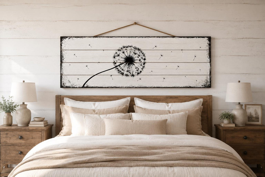 Long Horizontal Dandelion Wood Wall Art - Rustic Farmhouse Decor | Black White Above Bed