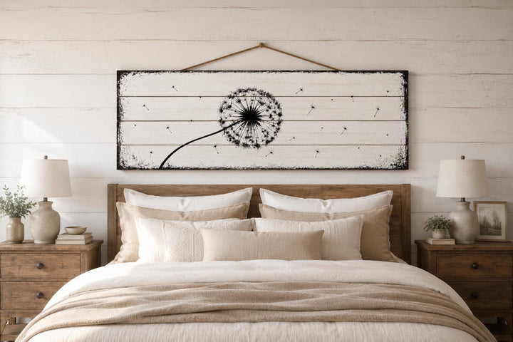 Long Horizontal Dandelion Wood Wall Art - Rustic Farmhouse Decor | Black White Above Bed