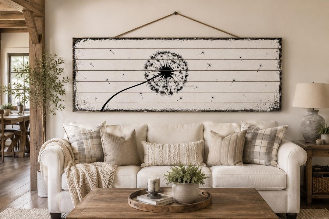 Long Horizontal Dandelion Wood Wall Art - Rustic Farmhouse Decor | Black White Above Bed