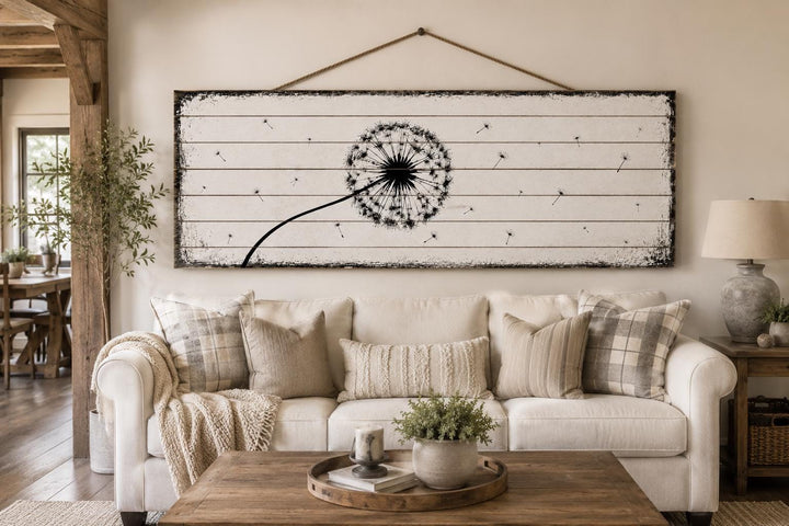 Long Horizontal Dandelion Wood Wall Art - Rustic Farmhouse Decor | Black White Above Bed