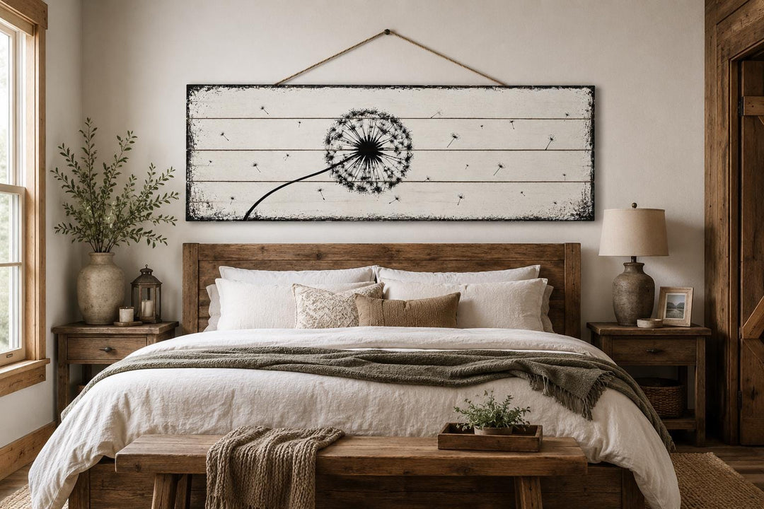 Long Horizontal Dandelion Wood Wall Art - Rustic Farmhouse Decor | Black White Above Bed