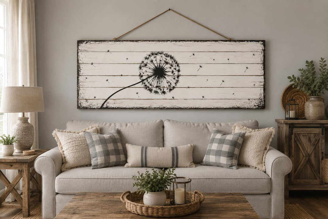 Long Horizontal Dandelion Wood Wall Art - Rustic Farmhouse Decor | Black White Above Bed