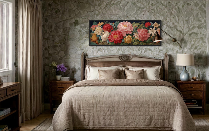 Long Horizontal Floral Antique Style Peonies And Roses Framed Tapestry Wall Art
