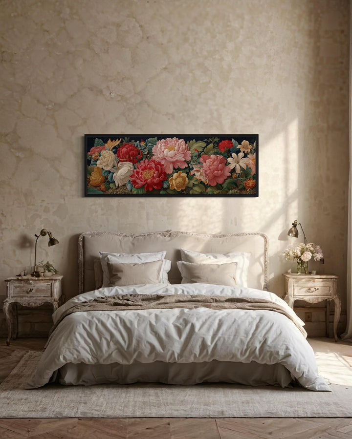 Long Horizontal Floral Antique Style Peonies And Roses Framed Tapestry Wall Art