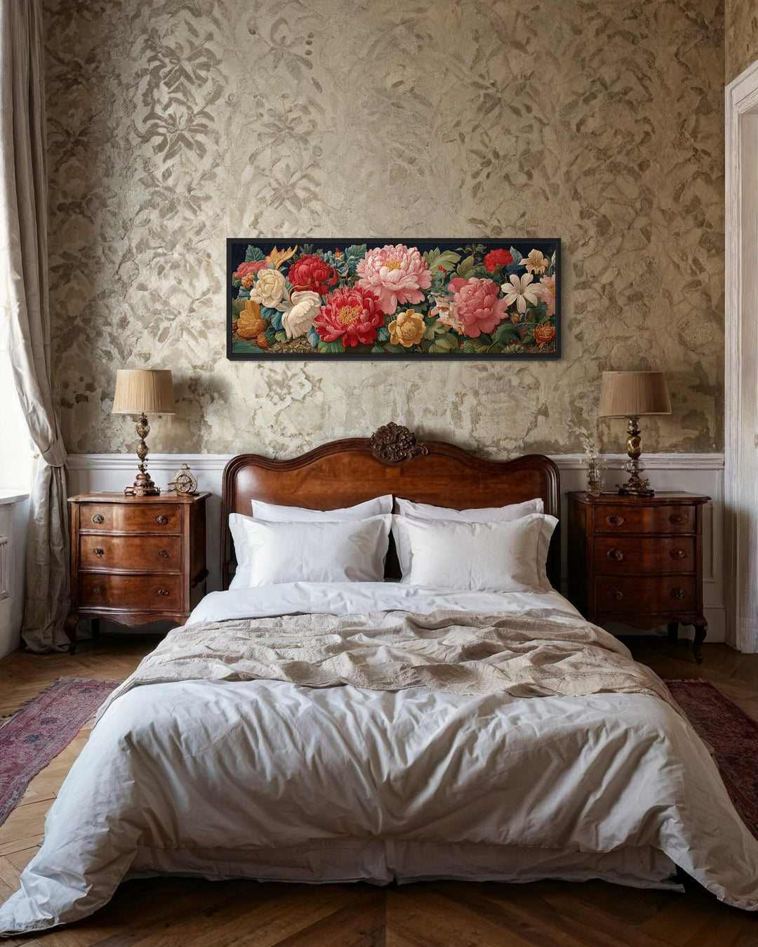Long Horizontal Floral Antique Style Peonies And Roses Framed Tapestry Wall Art