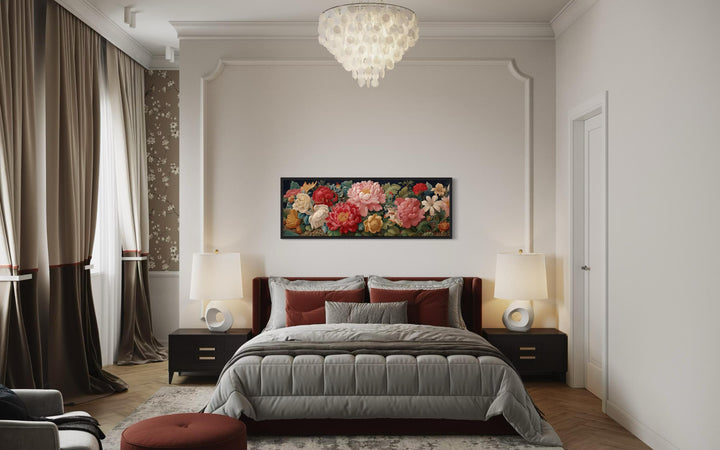 Long Horizontal Floral Antique Style Peonies And Roses Framed Tapestry Wall Art