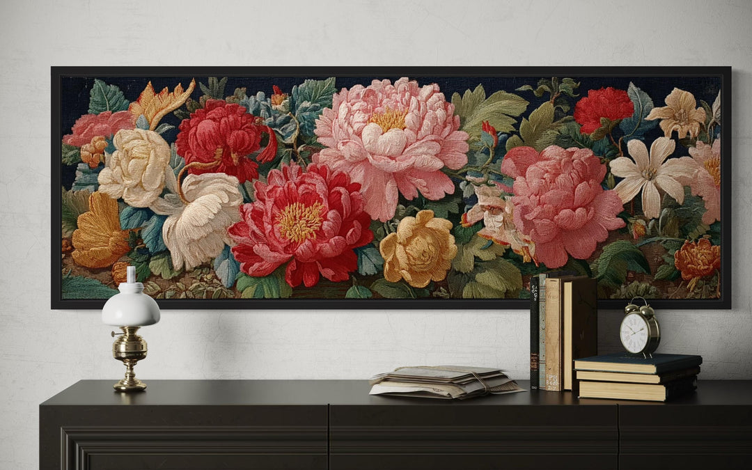Long Horizontal Floral Antique Style Peonies And Roses Framed Tapestry Wall Art