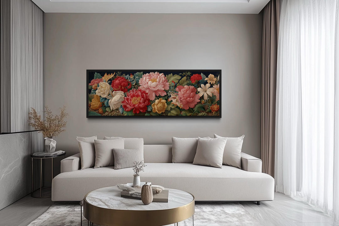 Long Horizontal Floral Antique Style Peonies And Roses Framed Tapestry Wall Art
