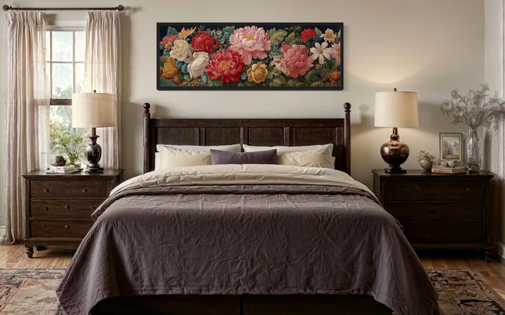 Long Horizontal Floral Antique Style Peonies And Roses Framed Tapestry Wall Art