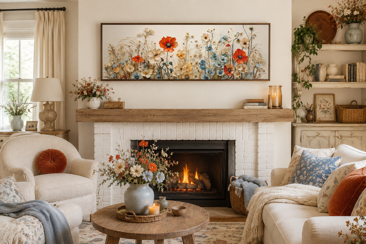 Long horizontal canvas wall art featuring red poppies and blue wildflowers above a fireplace.