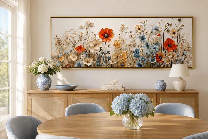Long horizontal canvas wall art featuring a meadow of red poppies and blue wildflowers.