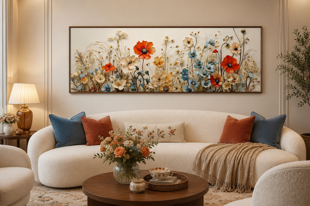 Long horizontal canvas wall art featuring a wildflower meadow with red poppies and blue blossoms.