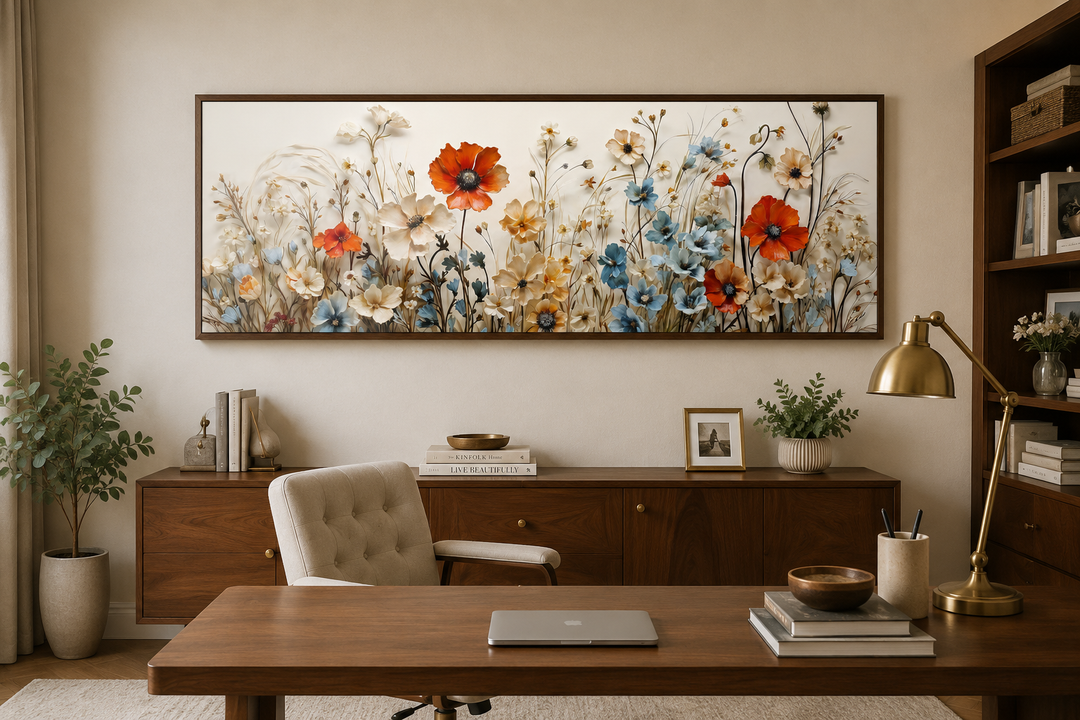 Long horizontal canvas wall art featuring red poppies and blue wildflowers in a home office.