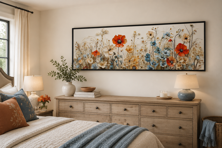 Long horizontal canvas wall art featuring red poppies and blue wildflowers above a bedroom dresser.