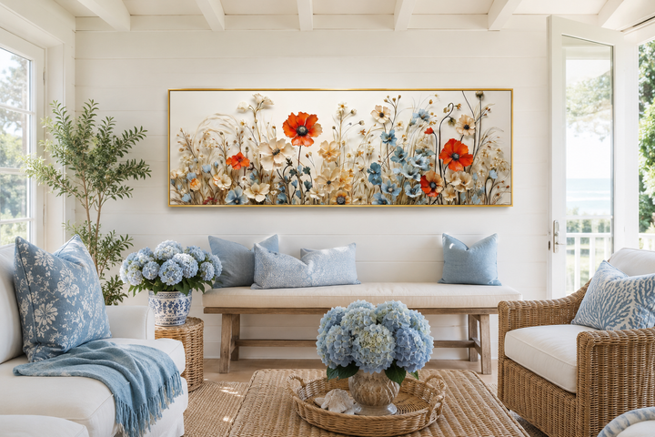 Long horizontal canvas wall art featuring red poppies and blue wildflowers in a bright living room.