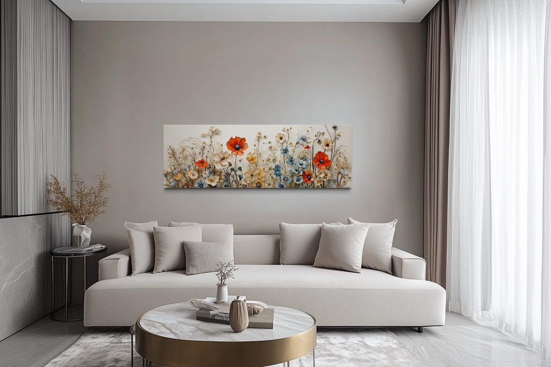 Long horizontal canvas wall art featuring a vibrant poppy and blue wildflower garden scene.