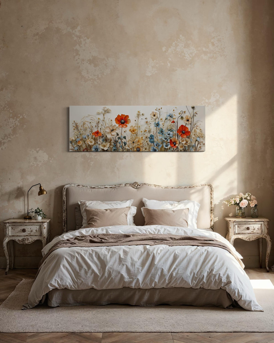 Long horizontal canvas wall art of red poppies and blue wildflowers hanging above a bed.