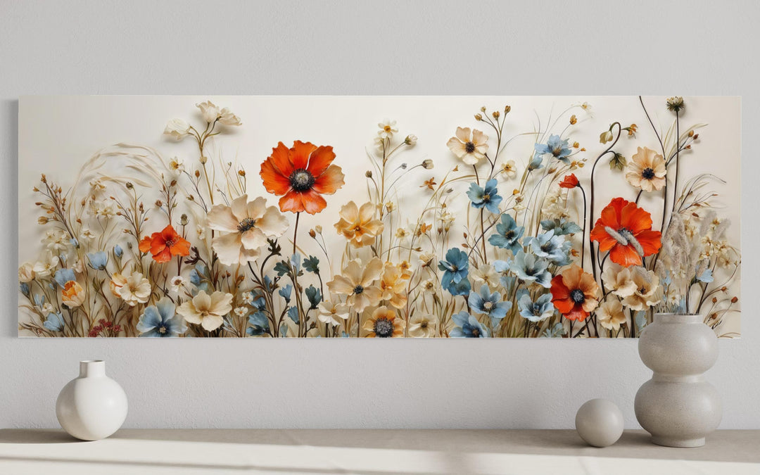 Long horizontal canvas wall art featuring red poppies and blue wildflowers on a neutral background.