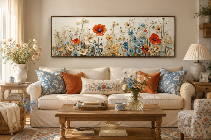 Long horizontal canvas wall art featuring red poppies and blue wildflowers above a cream sofa.