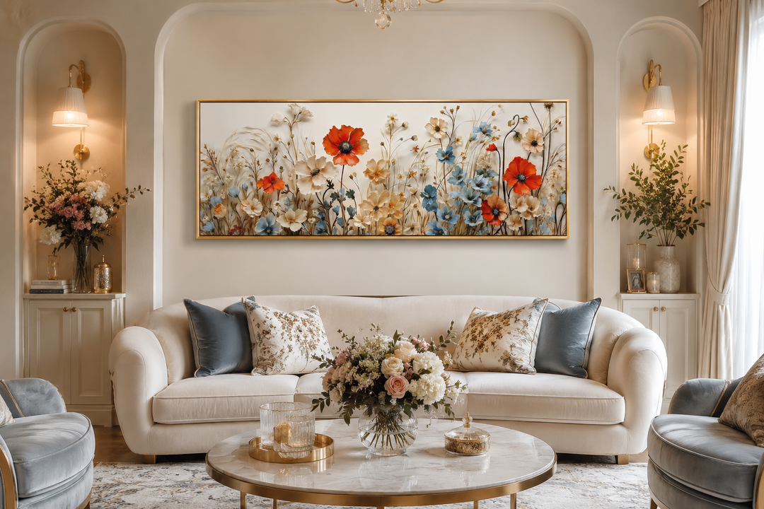 Long horizontal canvas wall art featuring a meadow of red poppies and blue wildflowers.