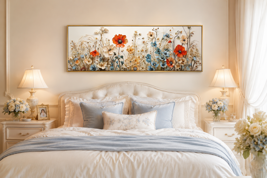 Long horizontal canvas wall art of red poppies and blue wildflowers hanging above a bed.