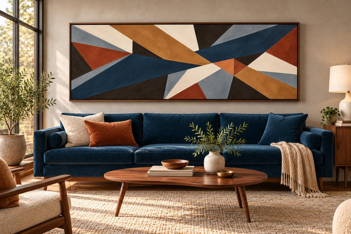 Long horizontal mid-century modern abstract canvas art with geometric shapes in earth tones.