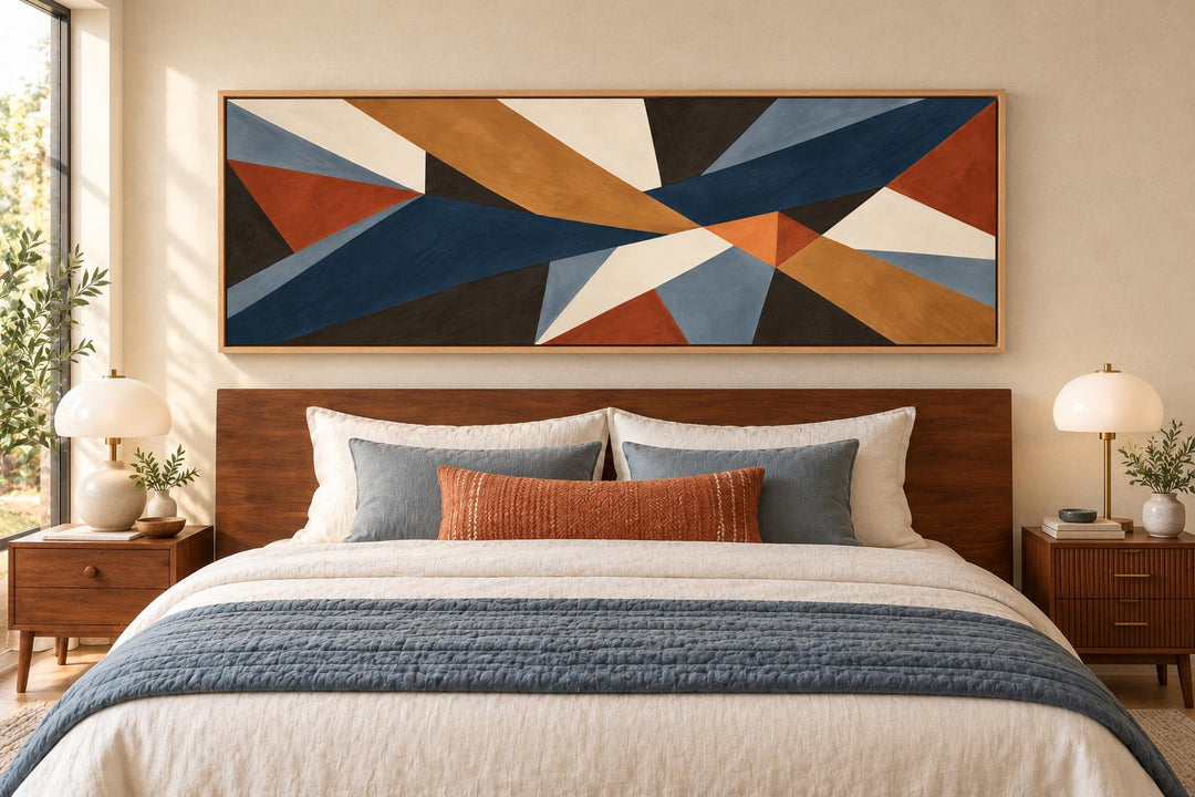 Long horizontal mid-century modern abstract canvas art with geometric shapes in earth tones.