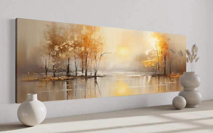 Long Horizontal Lake And Golden Autumn Trees Landscape Wall Art