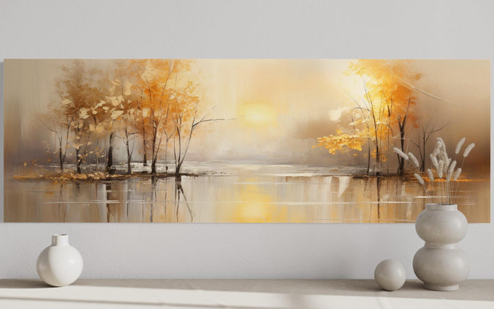Long Horizontal Lake And Golden Autumn Trees Landscape Wall Art