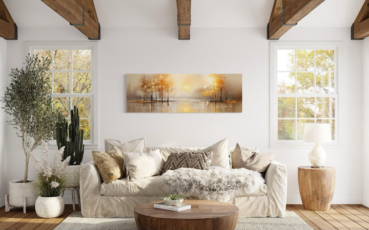 Long Horizontal Lake And Golden Autumn Trees Landscape Wall Art
