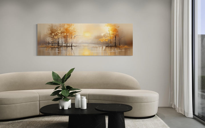 Long Horizontal Lake And Golden Autumn Trees Landscape Wall Art