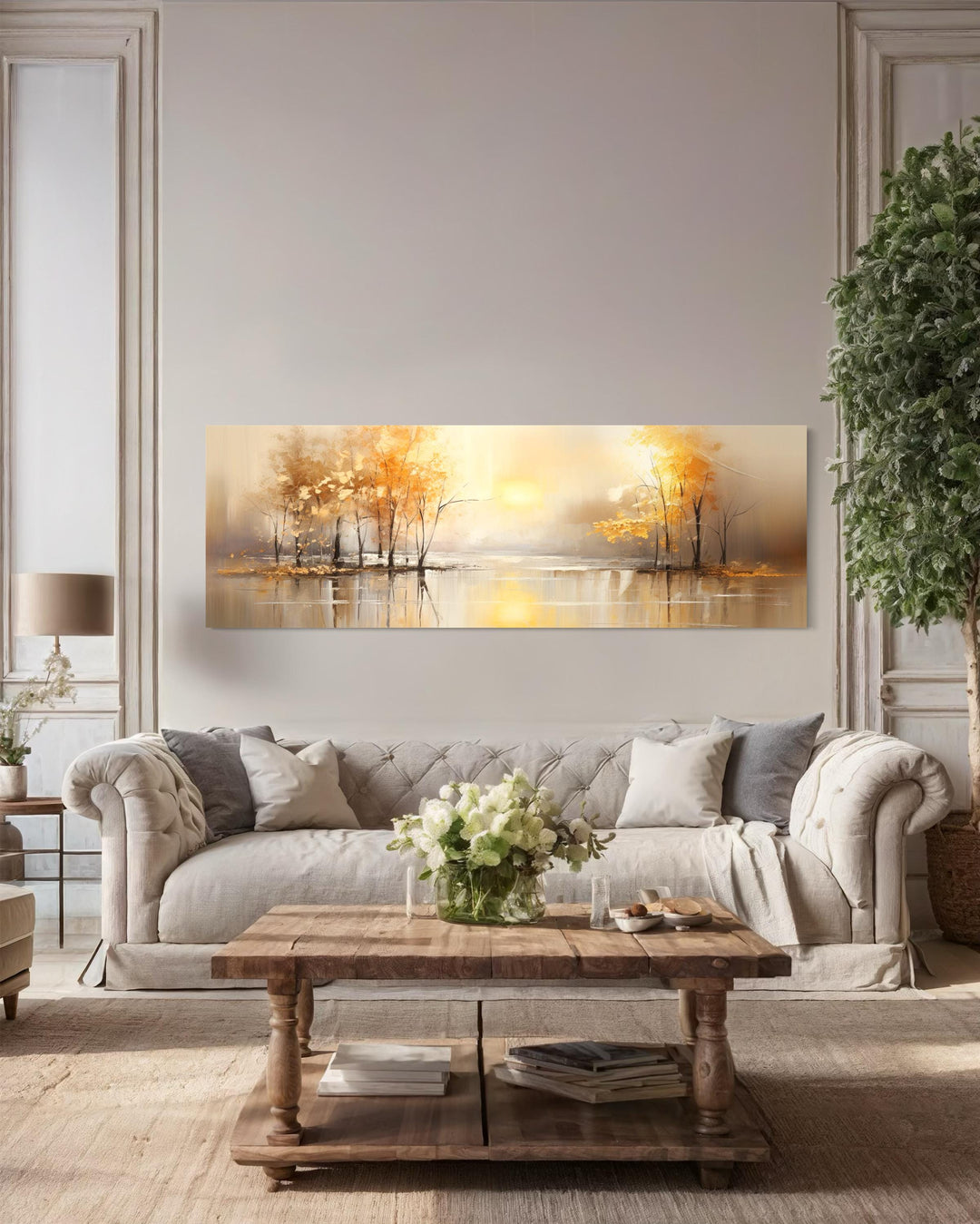 Long Horizontal Lake And Golden Autumn Trees Landscape Wall Art