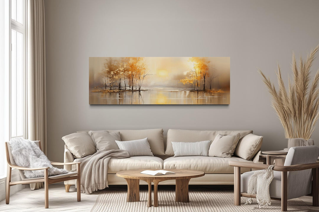 Long Horizontal Lake And Golden Autumn Trees Landscape Wall Art