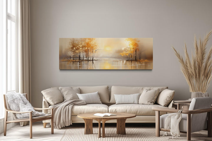 Long Horizontal Lake And Golden Autumn Trees Landscape Wall Art