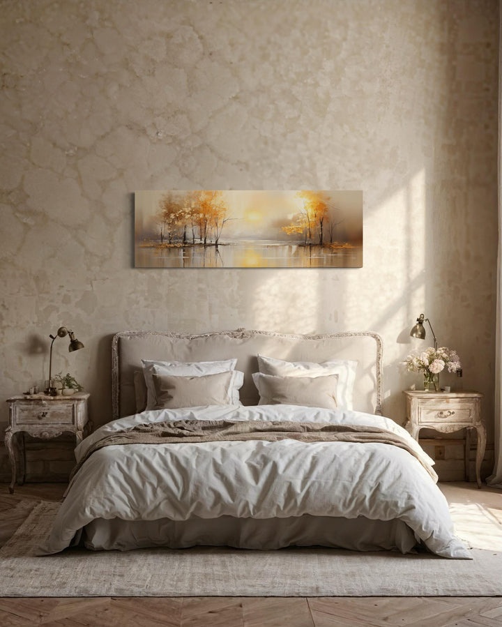 Long Horizontal Lake And Golden Autumn Trees Landscape Wall Art