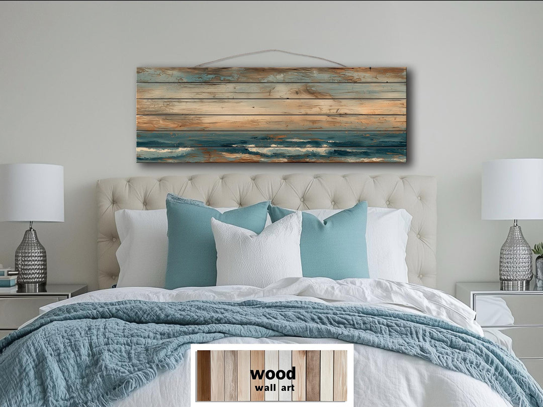 Long horizontal distressed wood wall art with minimalist ocean and sky.