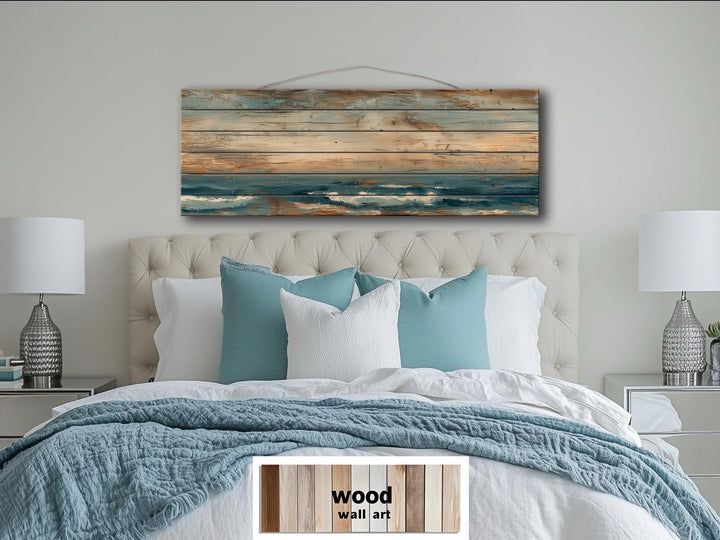 Long horizontal distressed wood wall art with minimalist ocean and sky.