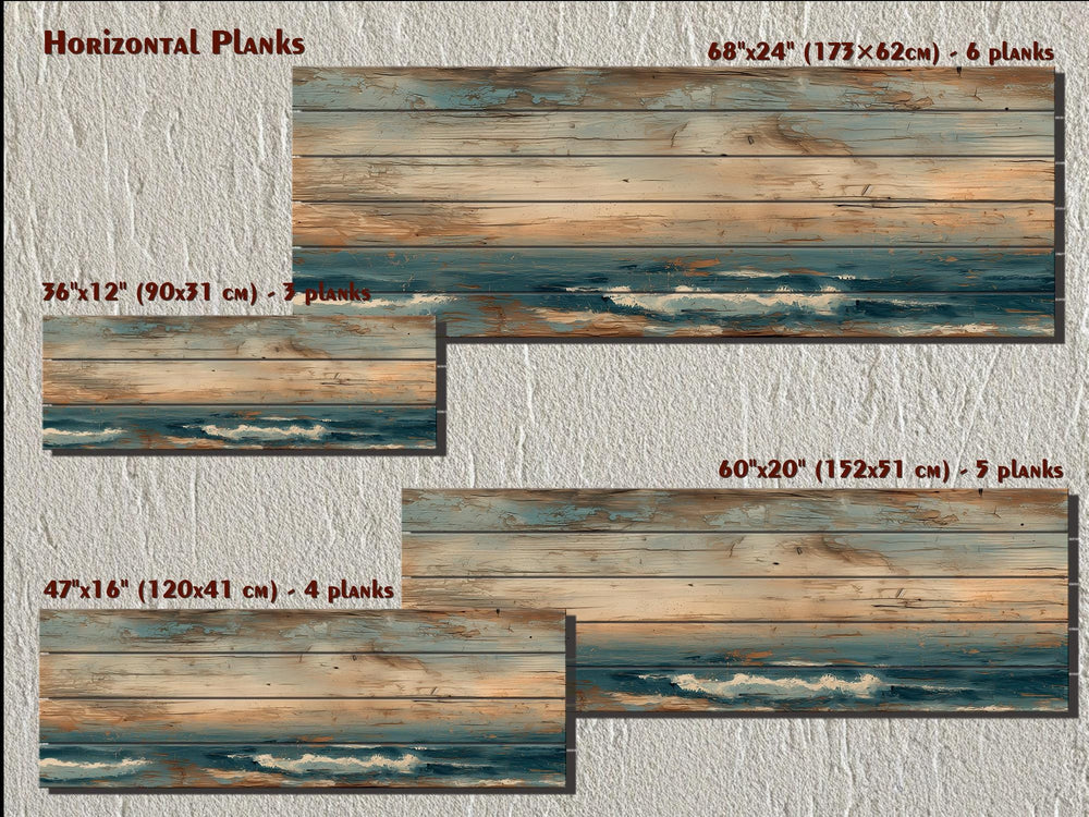 Horizontal planks with a minimalist ocean distressed wood wall art.