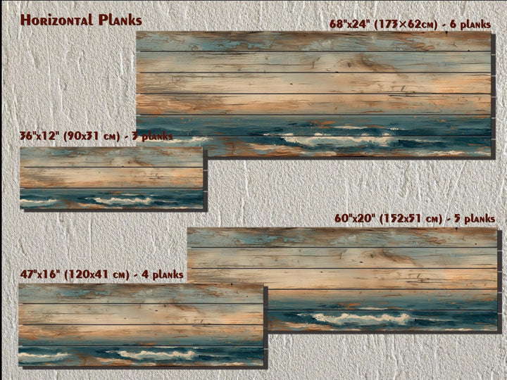 Horizontal planks with a minimalist ocean distressed wood wall art.