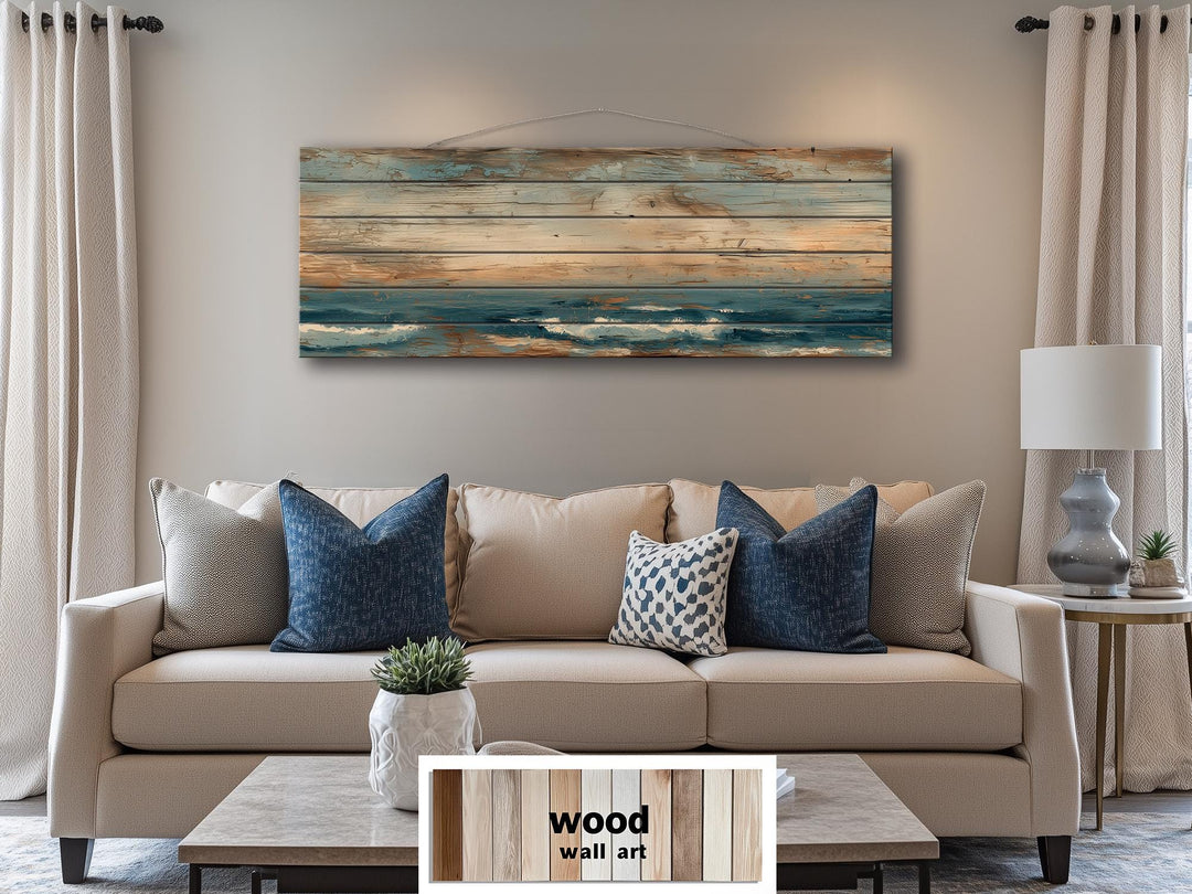 Long horizontal minimalist ocean distressed wood wall art.
