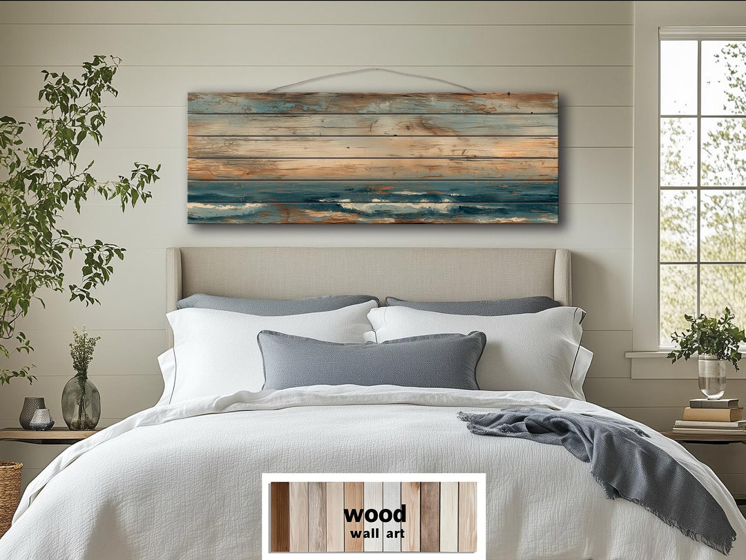 Long horizontal minimalist ocean distressed wood wall art.