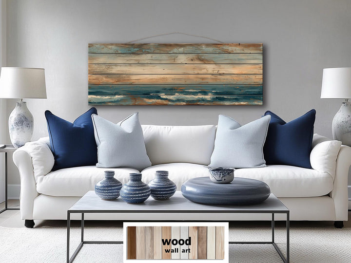 Long horizontal distressed wood wall art with minimalist ocean and sky.